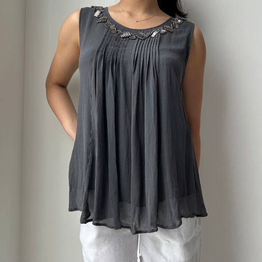 Max Mara Studio Embellished Pleated Sleeveless Top in Charcoal - Medium