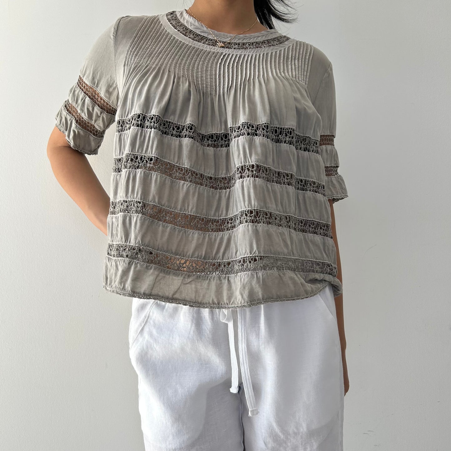 Wilfred Grey Lace Insert Pleated Blouse - X-Small