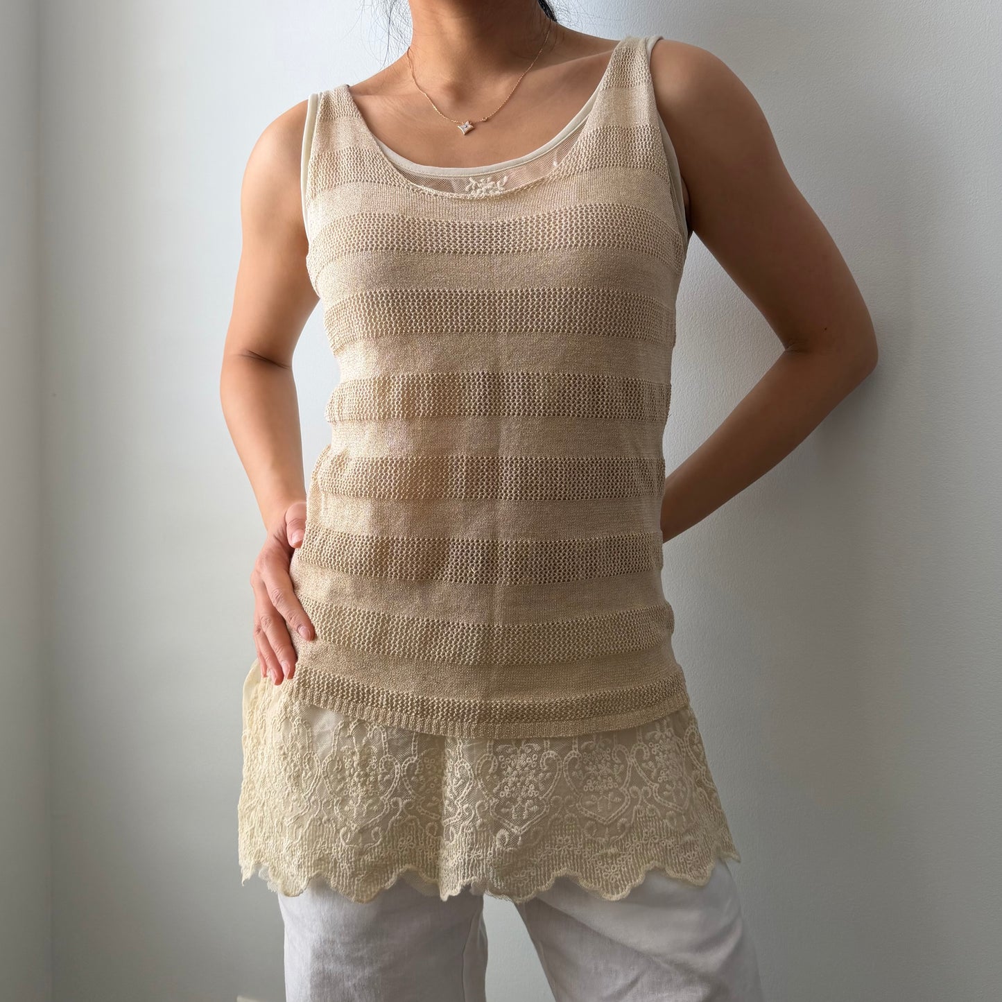 Gold Open-Knit Lace Tank - Medium