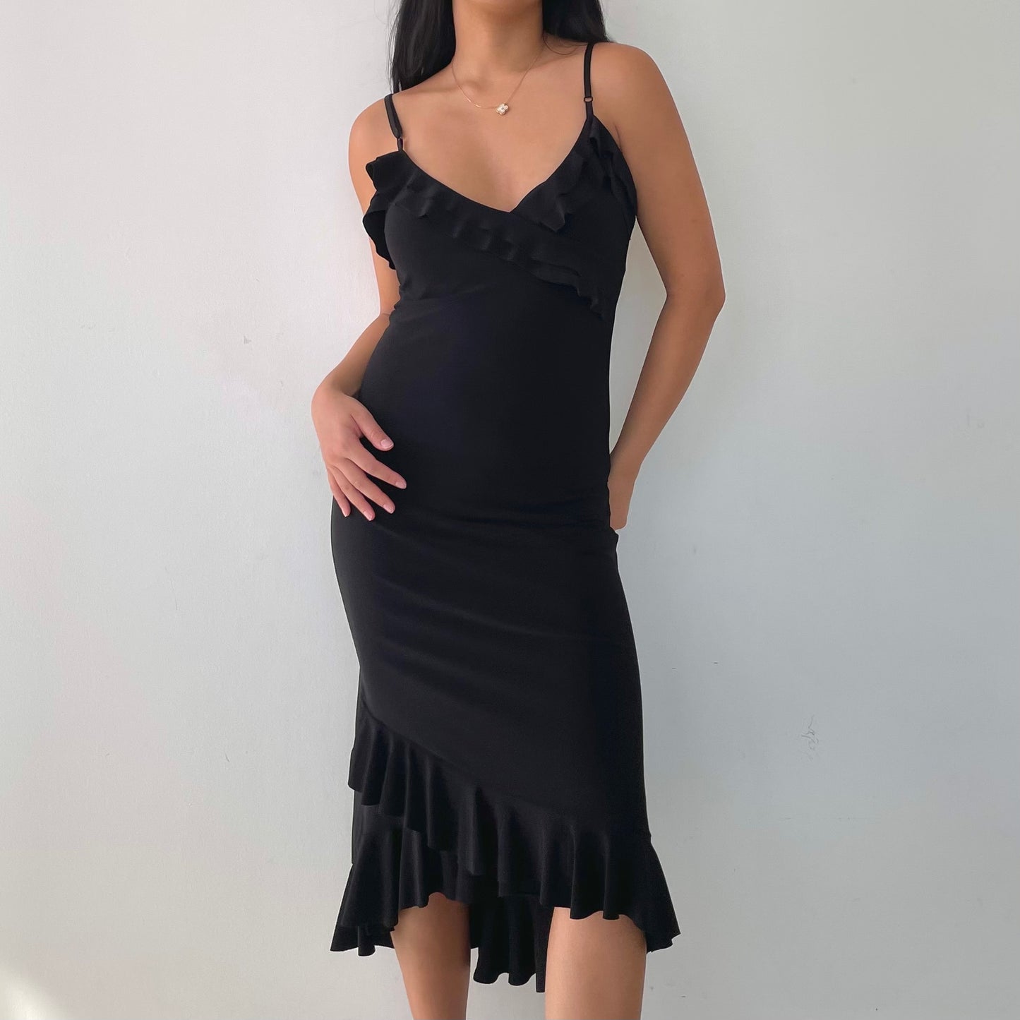 Made in France Black Ruffle Hem Midi Dress - Small