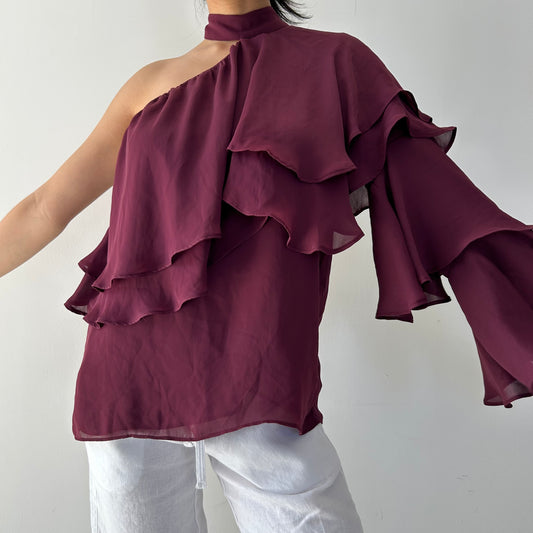 Parker Burgundy One-Shoulder Chiffon Top - Small