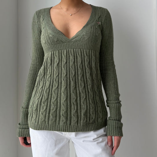 Early 2000s Hollister Olive Rabbit Hair Blend Cable Knit V-Neck Babydoll Sweater - X-Small