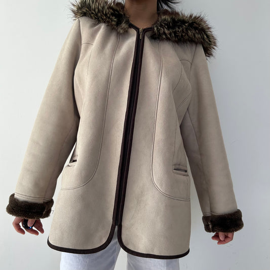Beige Faux Shearling Full Zip Coat - Large