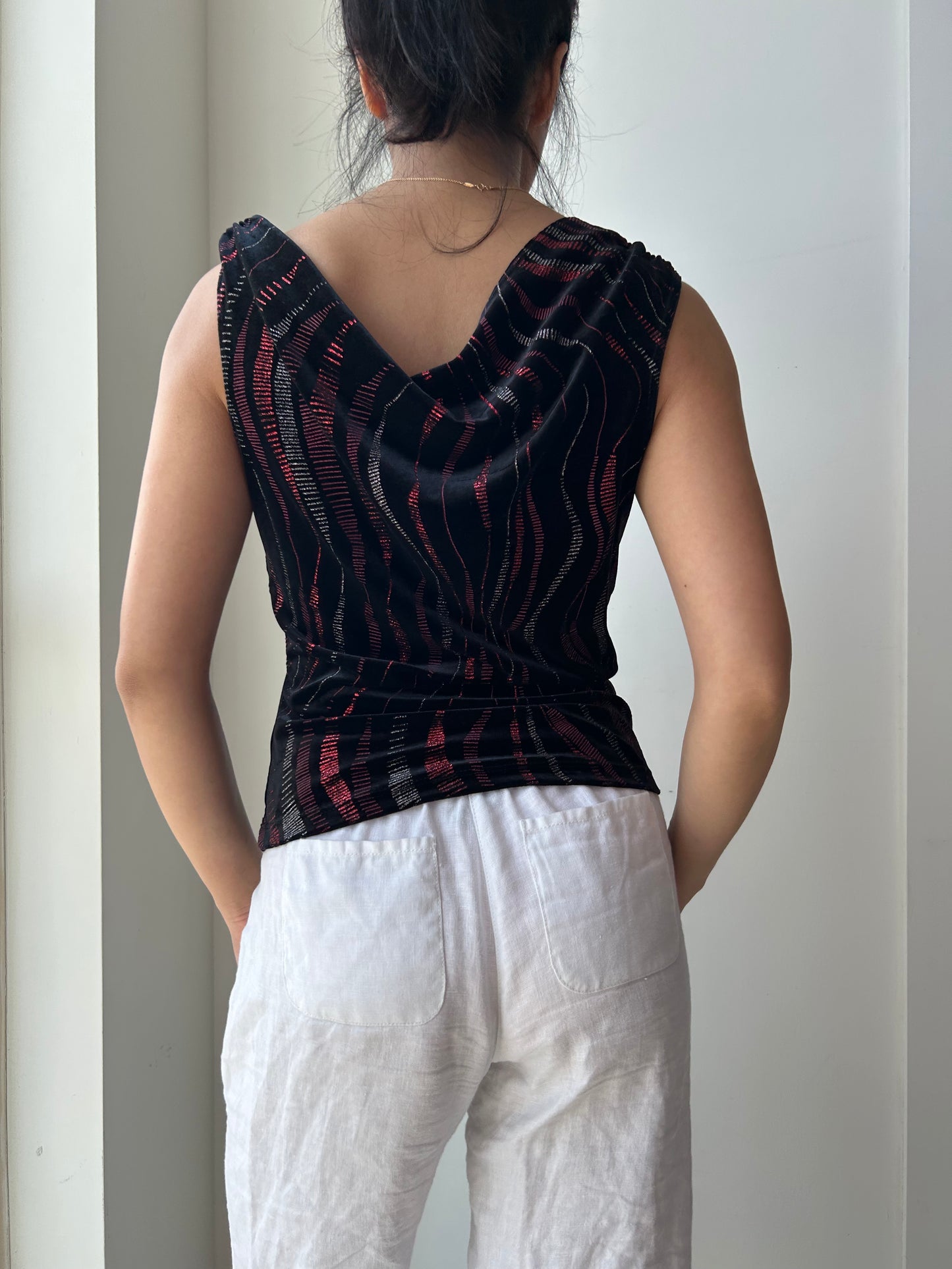 90s Made in USA Black Metallic Patterned Cowl Neck Tank - Medium