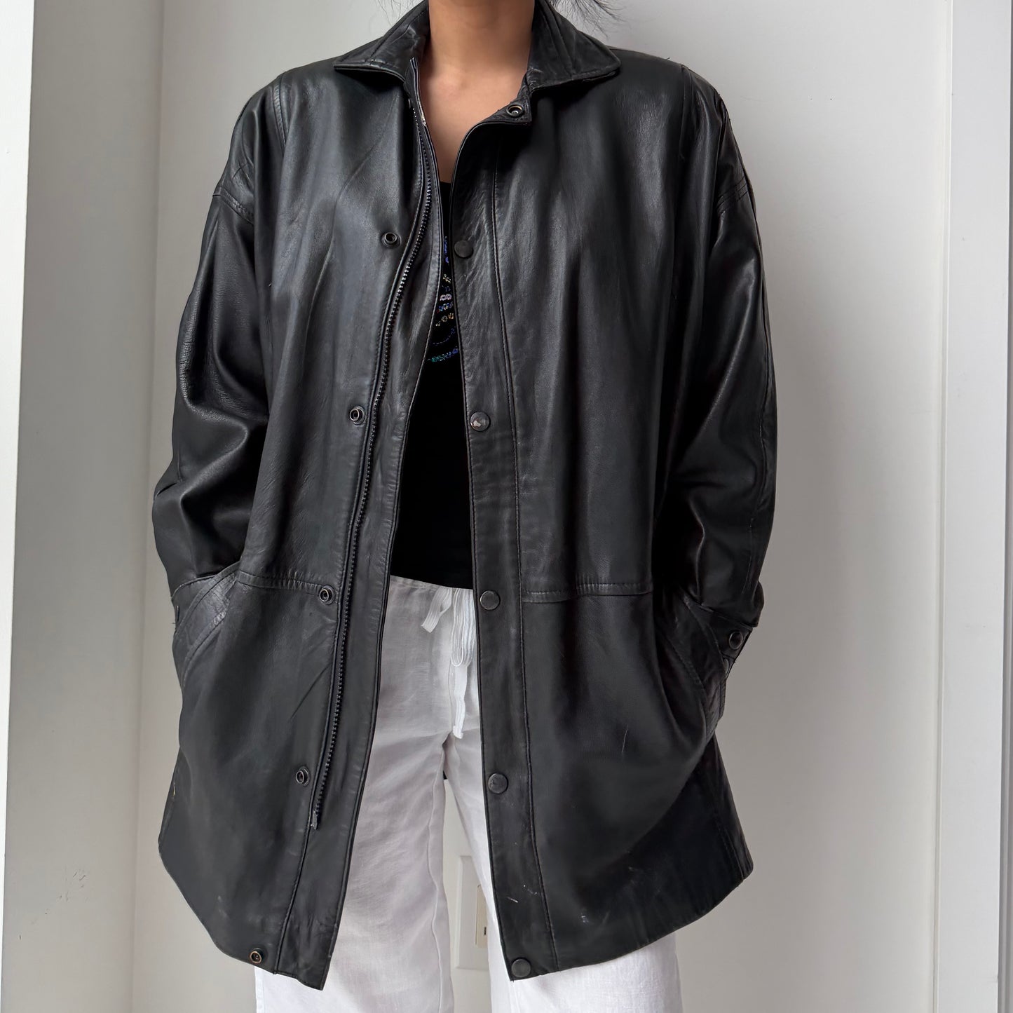 Oversized Black Leather Jacket - Small