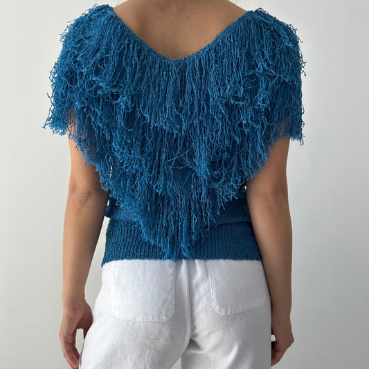 1980s Made in USA French Rags Blue Fringe Short Sleeve Blouse - Small