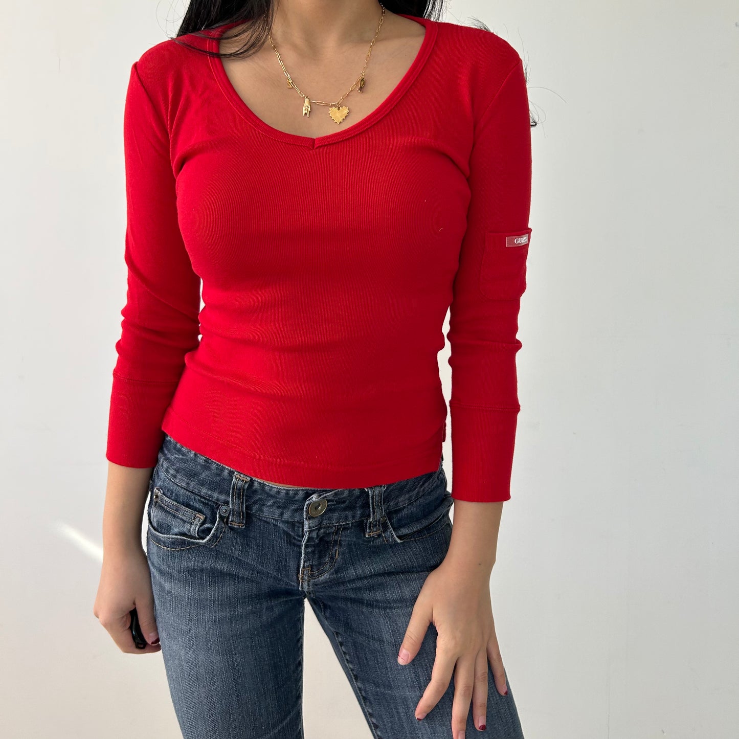 Vintage Made in Canada Guess Red V-Neck 3/4 Sleeve Tee - X-Small