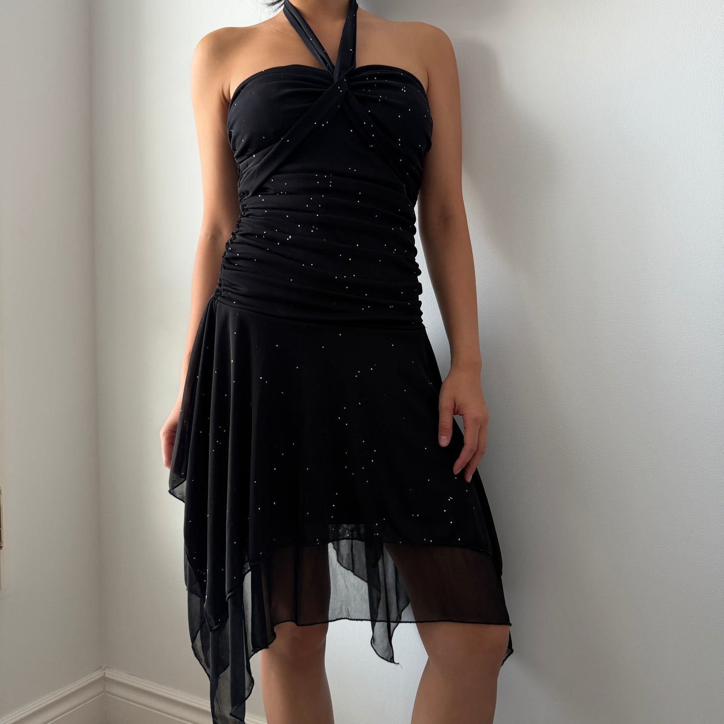 90s Made in USA Black Asymmetric Halter Mini Fairy Dress - Small