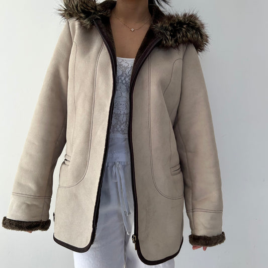 Beige Faux Shearling Full Zip Coat - Large