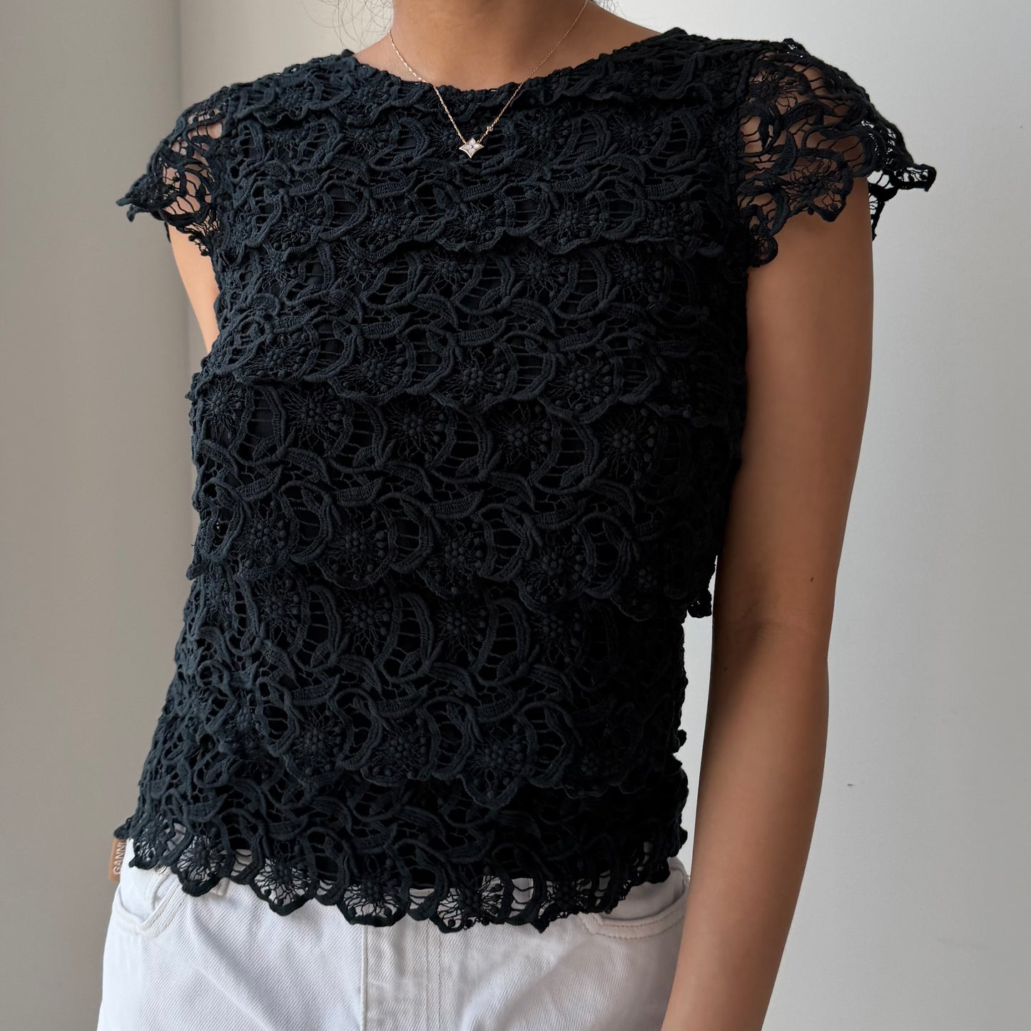 See by Chloé Black Guipure Lace Cap-Sleeve Top - X-Small