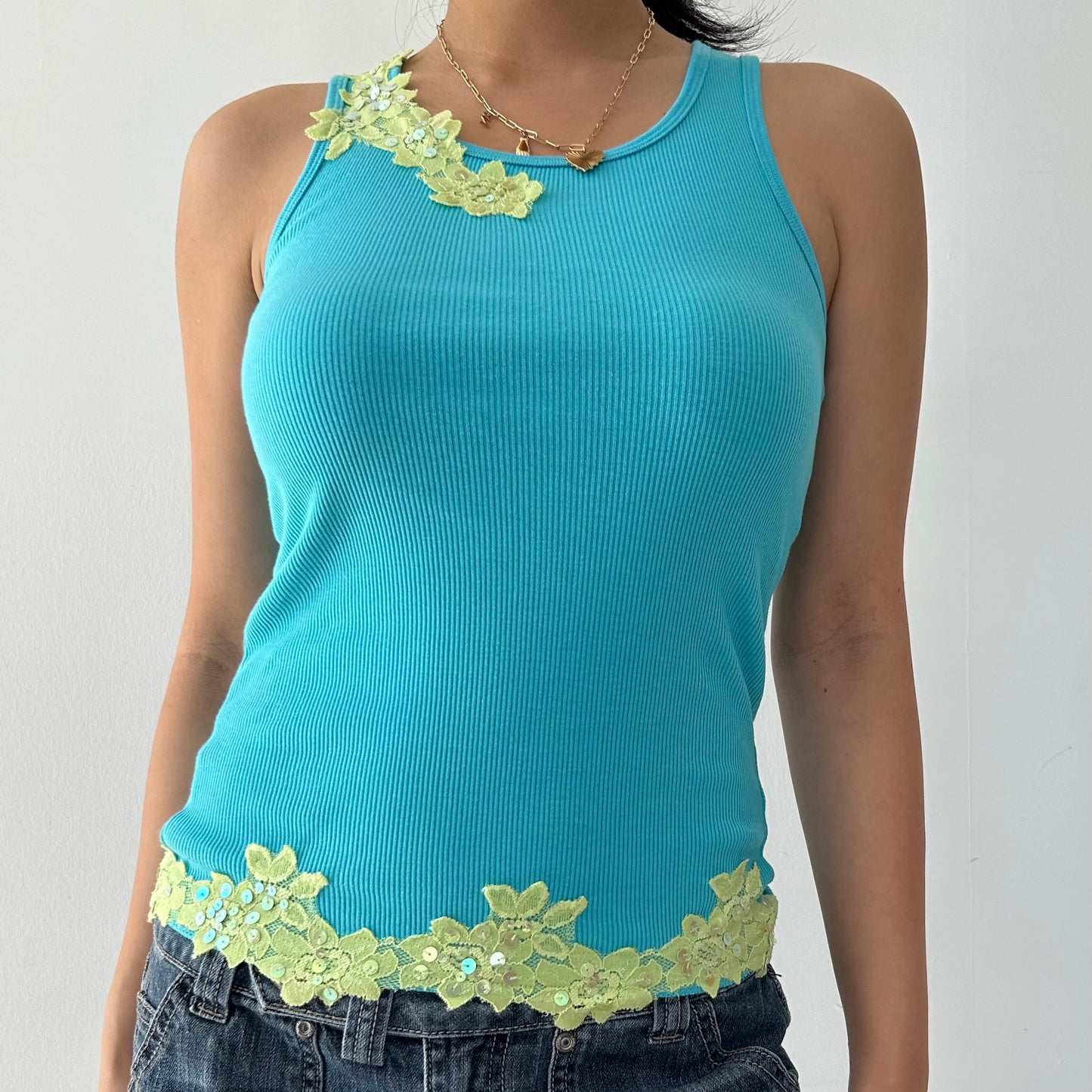La Senza Blue Ribbed Tank with Lace Floral Appliqué - X-Small