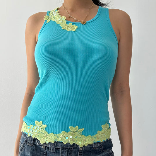 La Senza Blue Ribbed Tank with Lace Floral Appliqué - X-Small