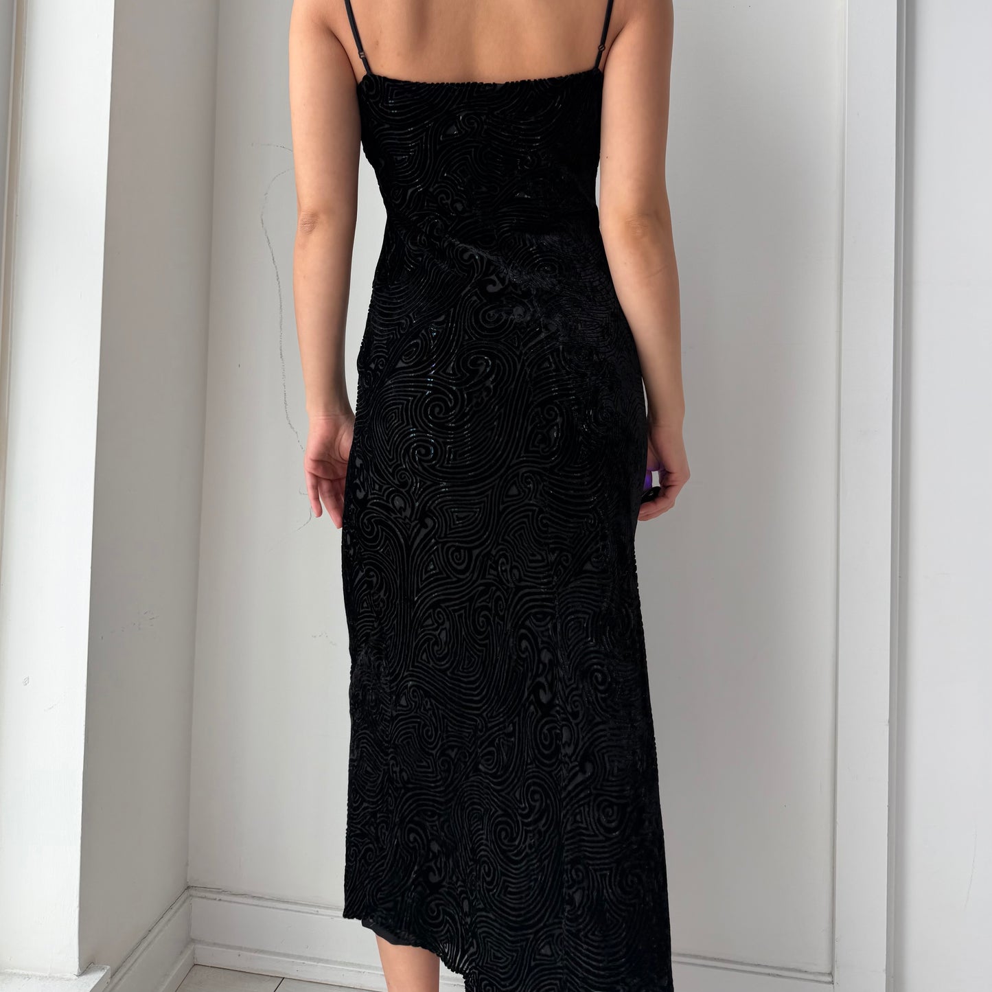 Vintage 90s Whistles Black Silk Burnout Velvet Dress - Small