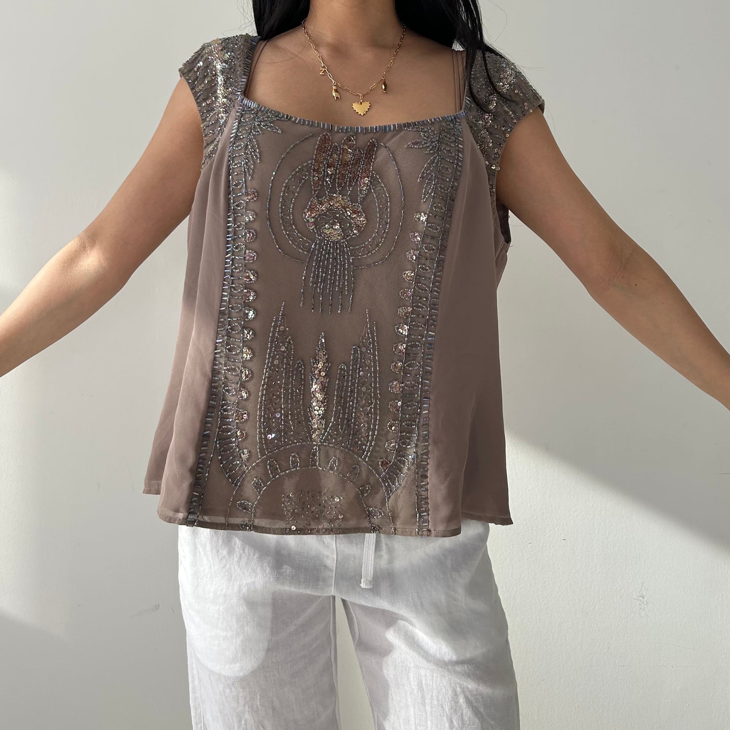 Taupe Embellished Cap-Sleeve Blouse - X-Large