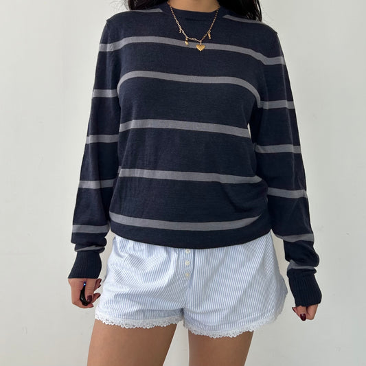 Blue Striped Merino Wool Crewneck Knit Jumper - Small