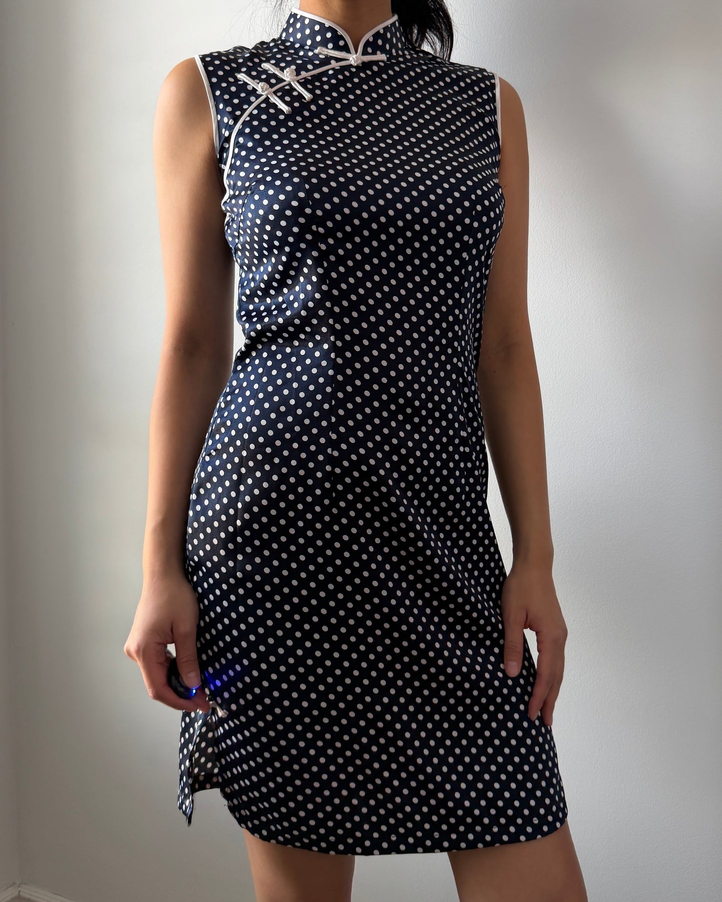 Navy Polka Dot Sleeveless Silk Cheongsam - Small