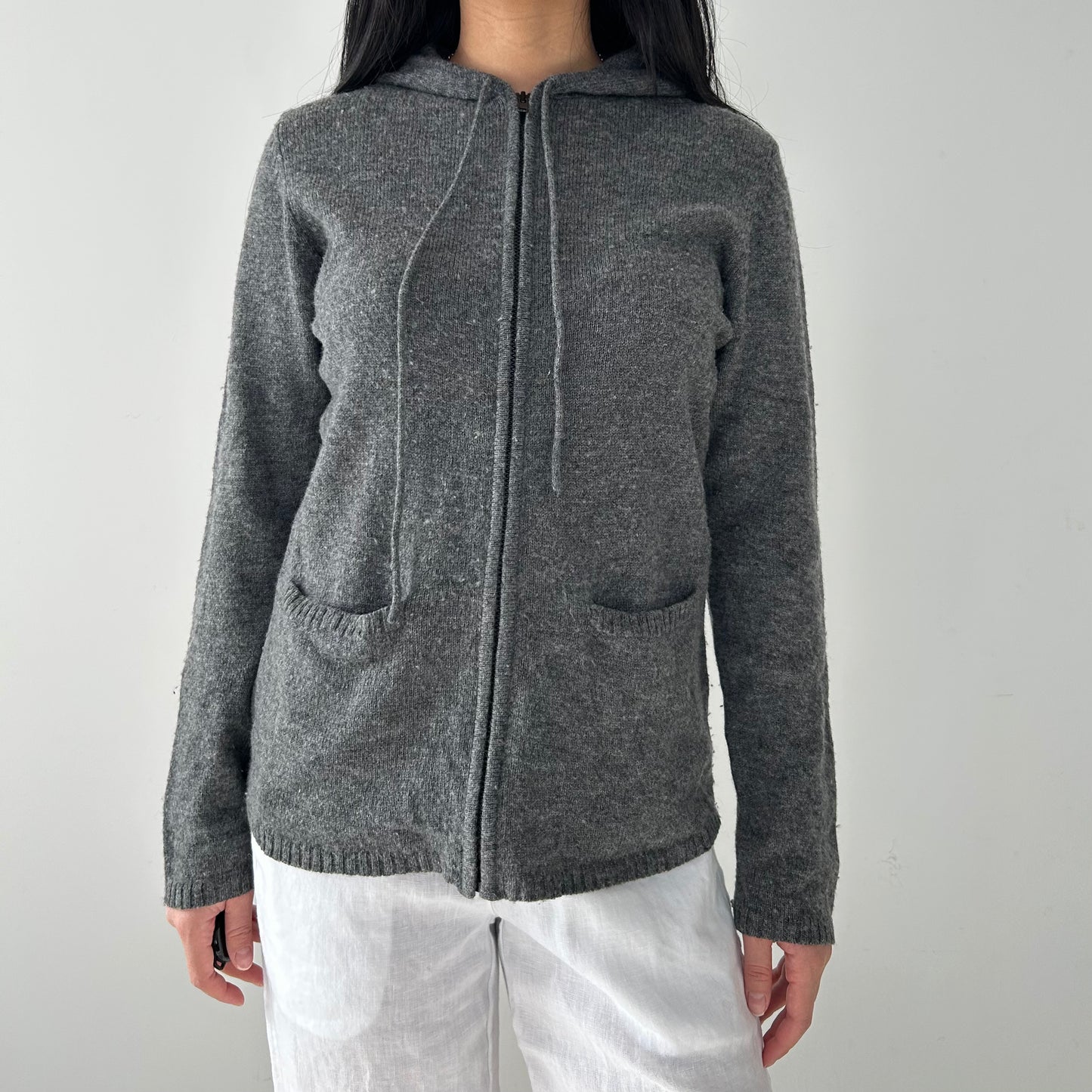 Grey 100% Wool Full Zip Hoodie - Medium