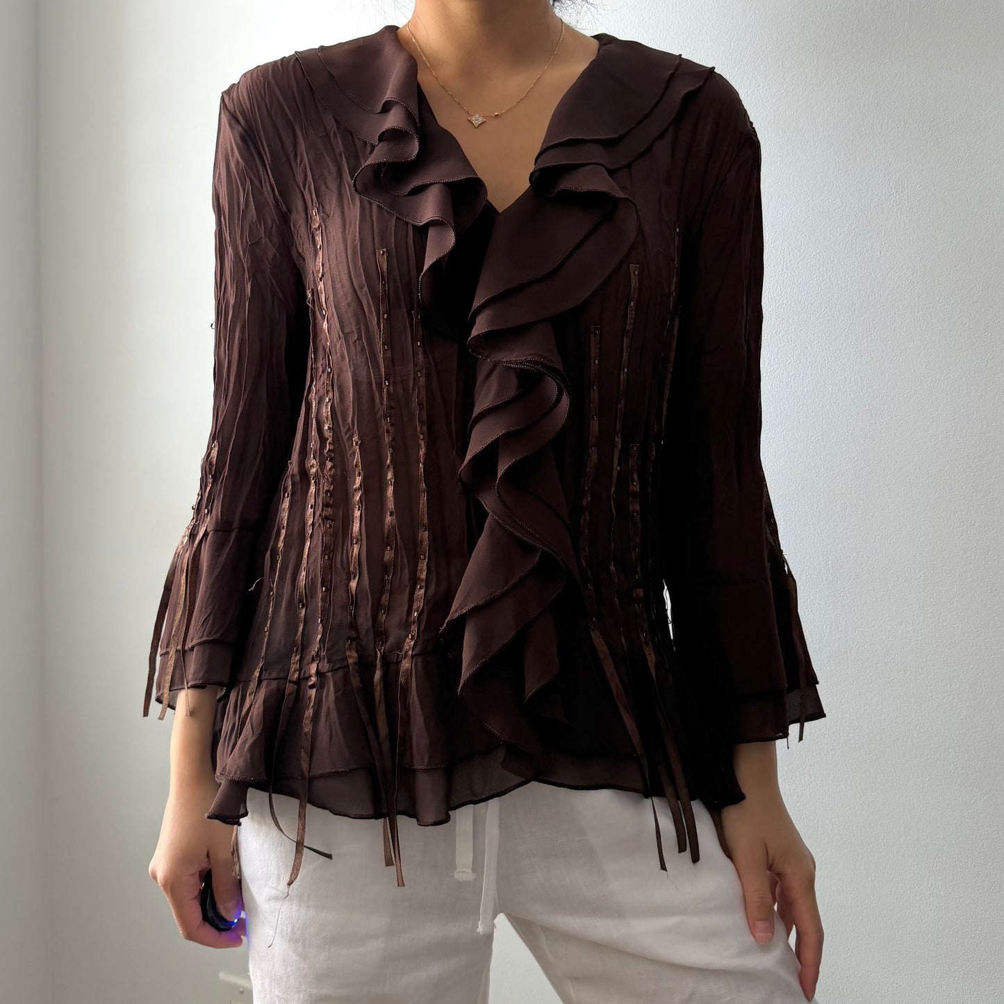 Brown Ruffle-Front Long Sleeve Blouse - Medium
