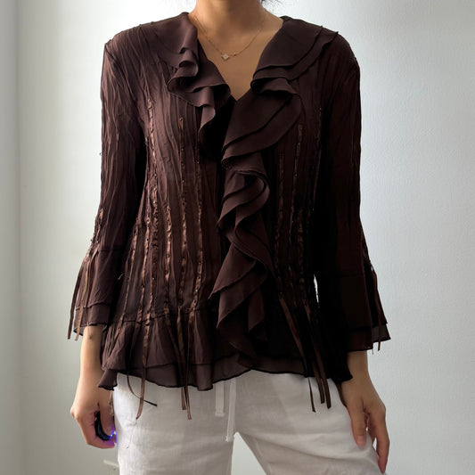 Brown Ruffle-Front Long Sleeve Blouse - Medium