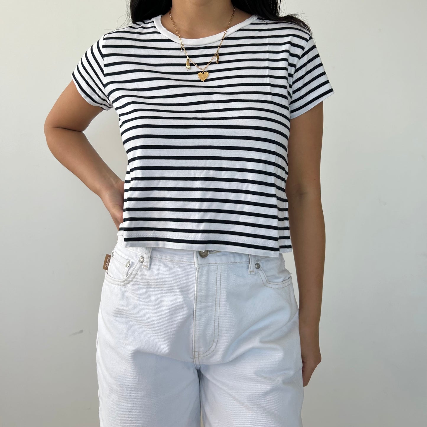 Navy and White Striped Cropped Tee - X-Small