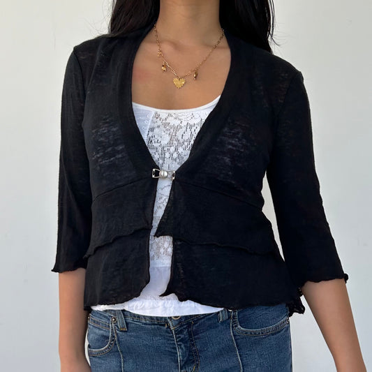 Black V-Neck 3/4 Sleeve Linen Cardigan - X-Small-Medium