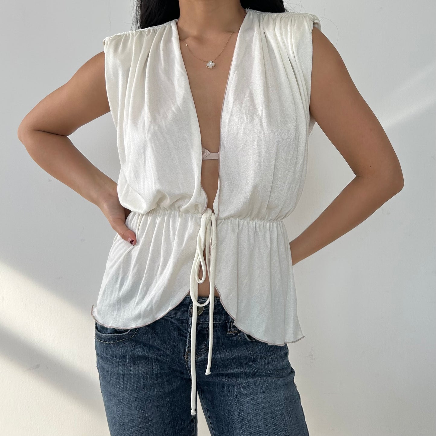 White Sleeveless Tie-Front Top - X-Small