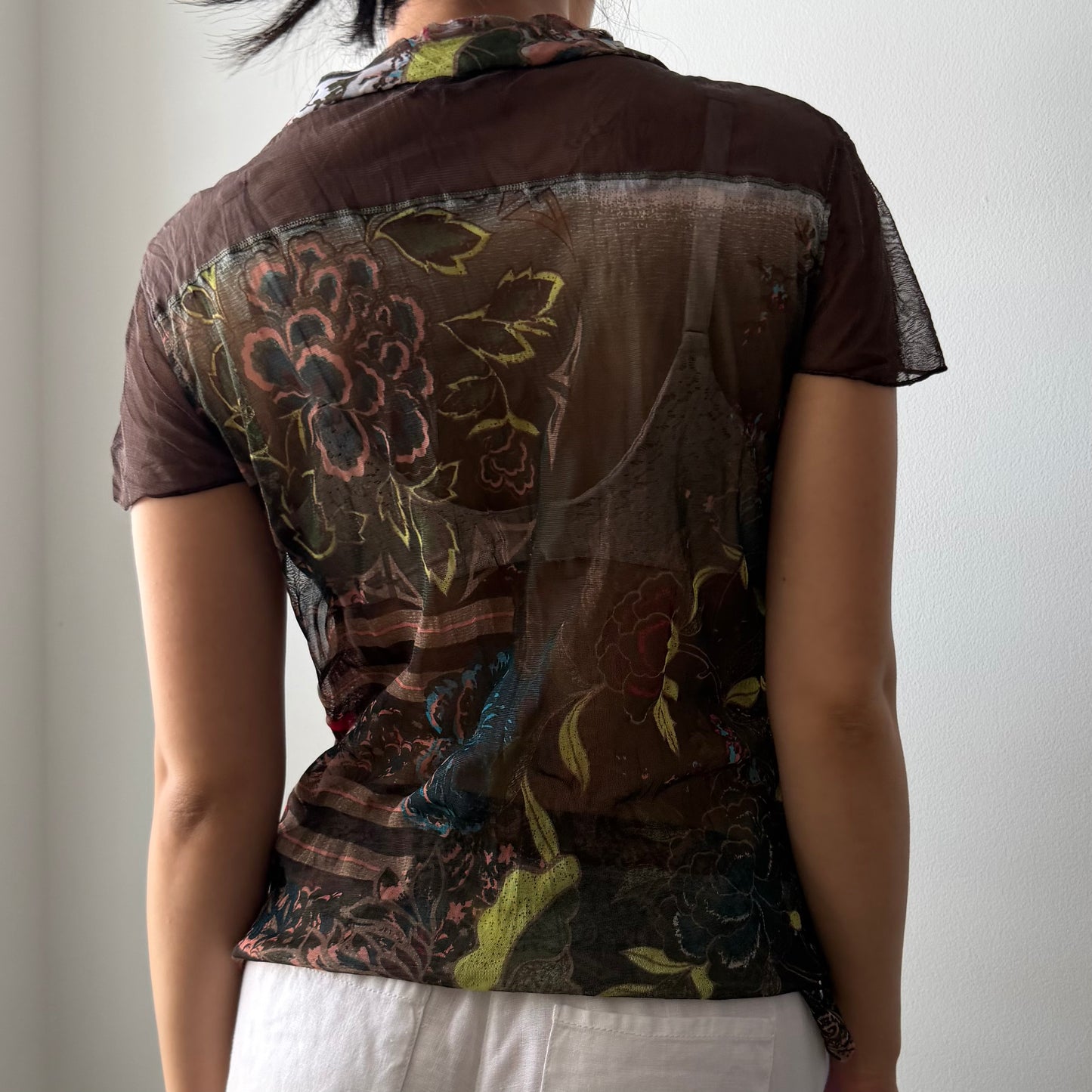 Marc Aurel Brown Floral Print Mesh Top - Medium