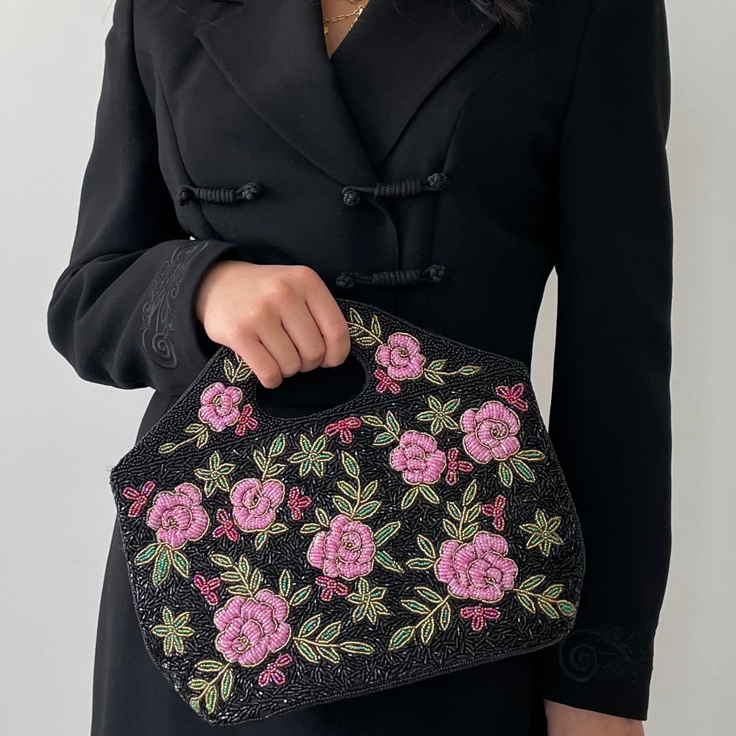 Black Floral Hand Beaded Top Handle Bag