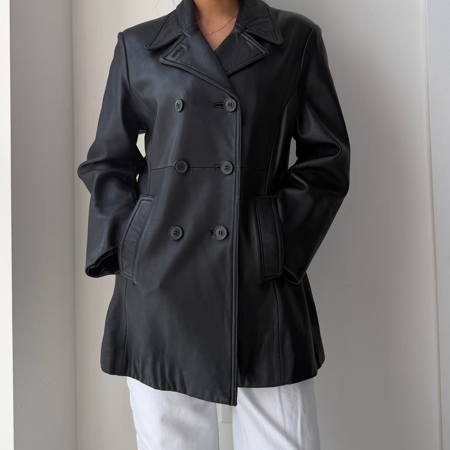 Danier Black Leather Pea Coat - Medium