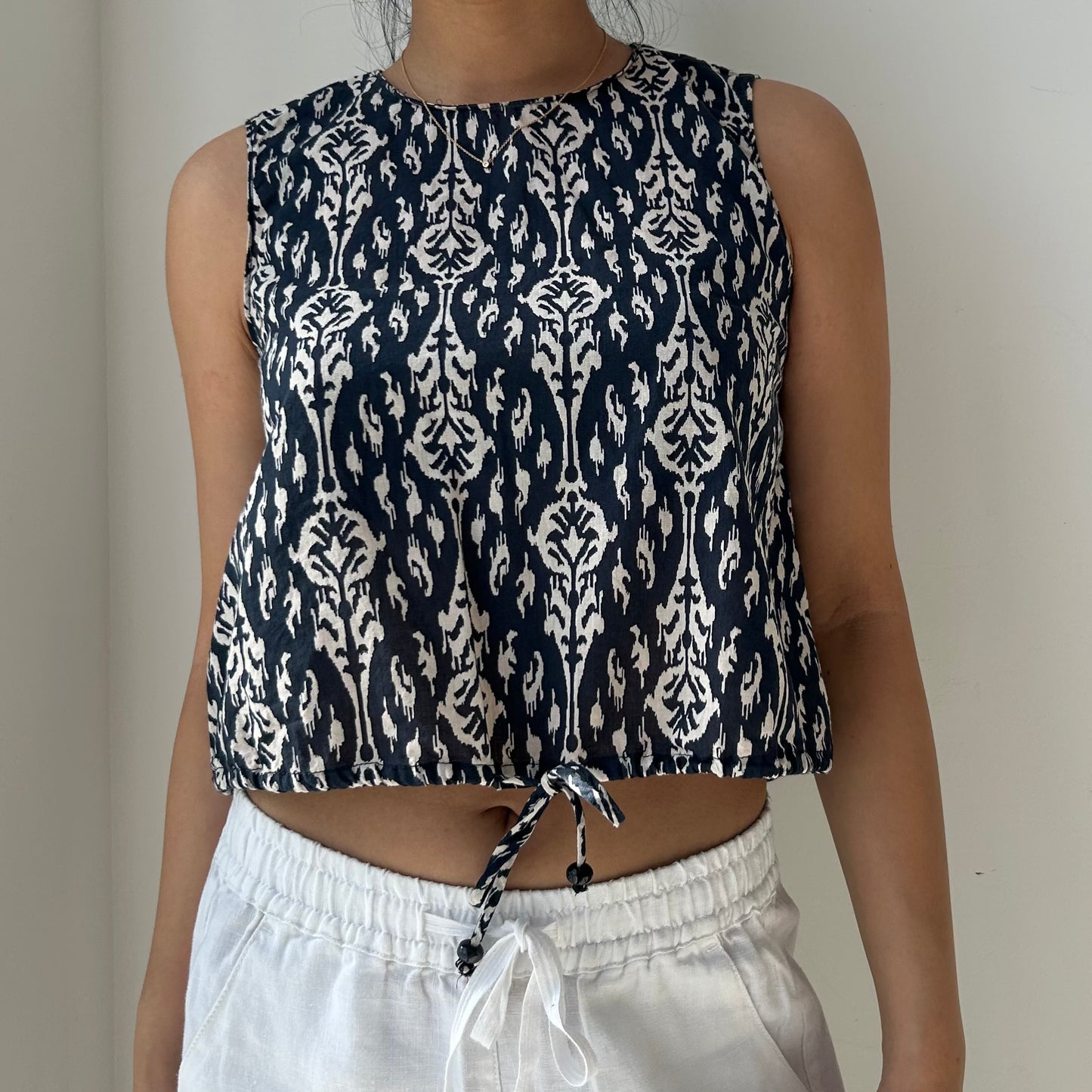 Zara Navy Patterened Sleeveless Poplin Tank - X-Small