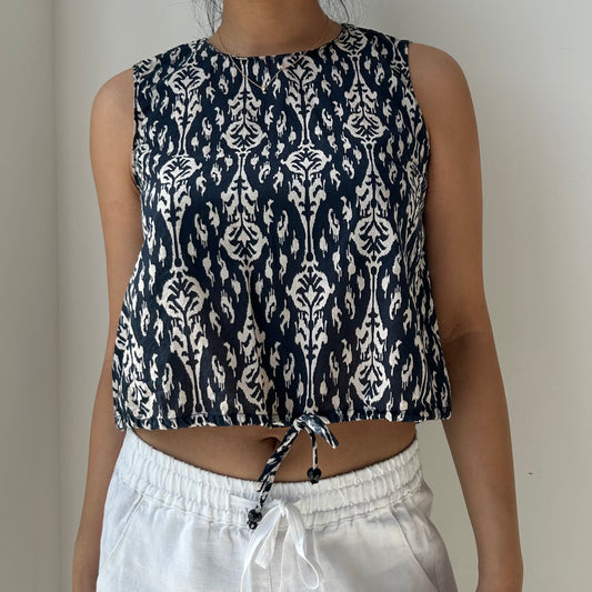 Zara Navy Patterened Sleeveless Poplin Tank - X-Small