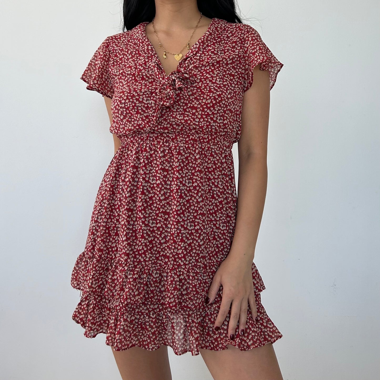 Red Floral Short Sleeve Ruffle Dress - X-Small