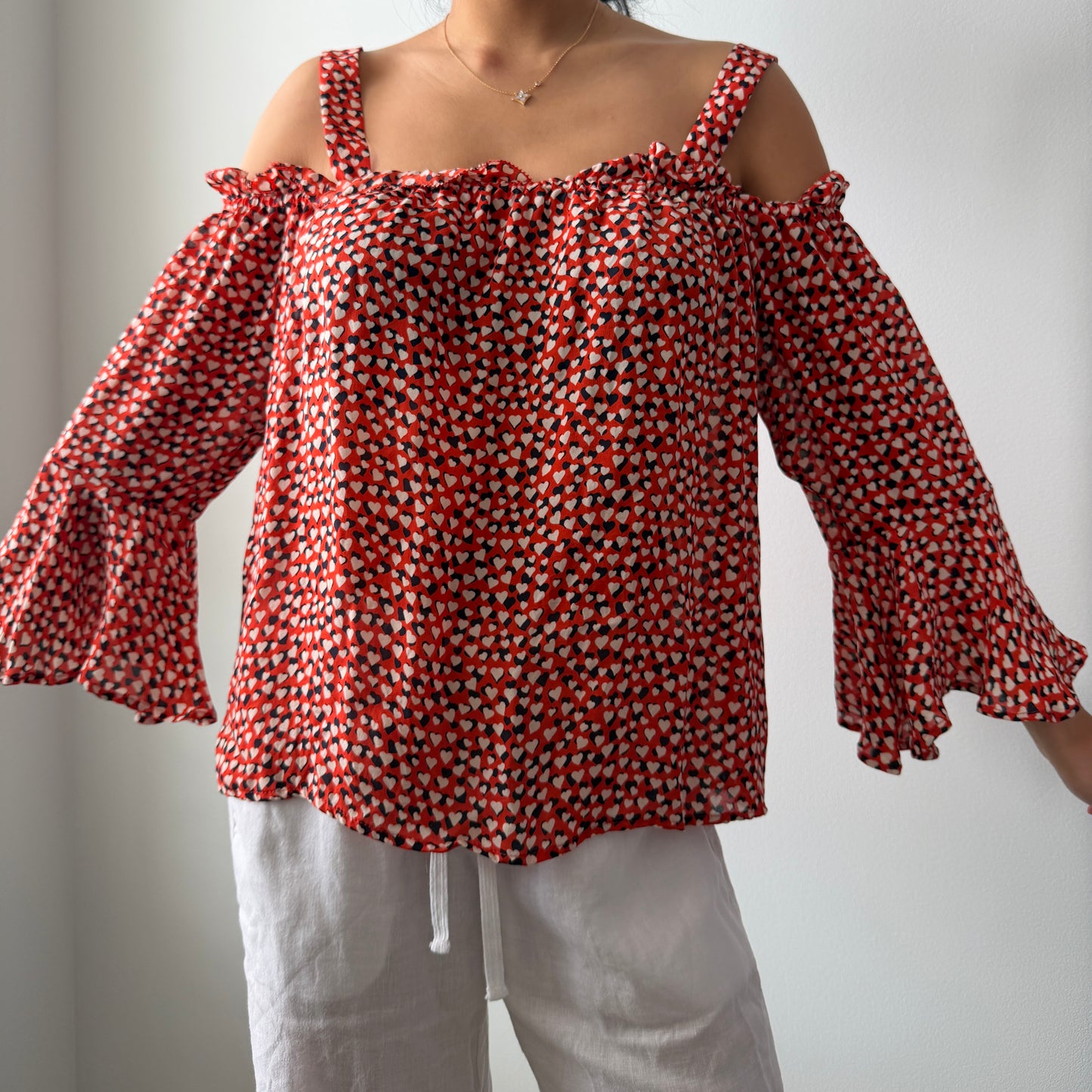J. Crew Red Heart Print Off-Shoulder Silk Blouse - Medium