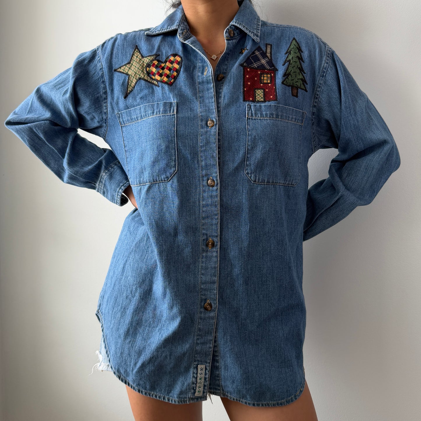 1990s Indigo Blues Embroidered Denim Shirt - Small