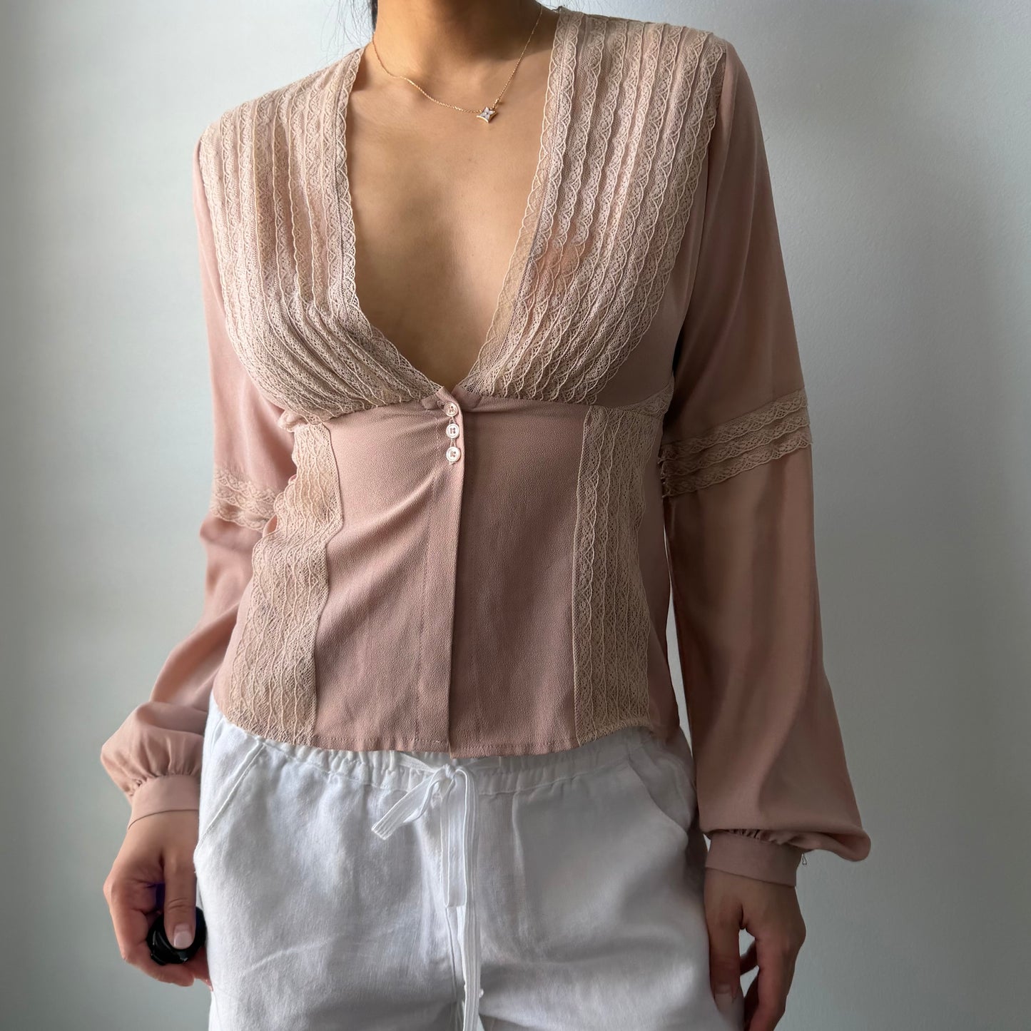 Old Label H&M Blush Long Sleeve Lace Blouse - Small