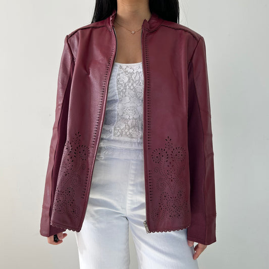 Cherry Red Perforated Leather Jacket - Large