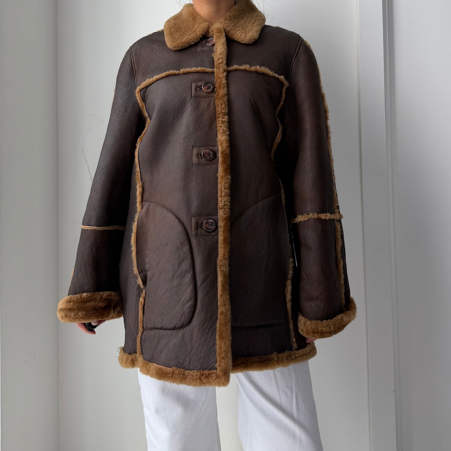 Early 2000s Utex Genuine Leather & Shearling Aviator Coat - Medium