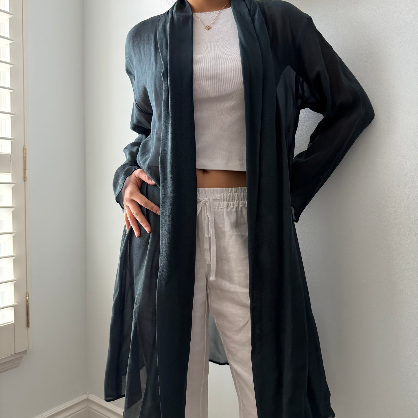 Eileen Fisher Dark Teal Silk Open Front Longline Cardigan - Medium