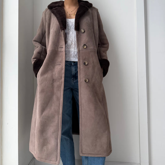 Vintage Made in Canada Brown Suede Leather Shearling Trim Coat - Small