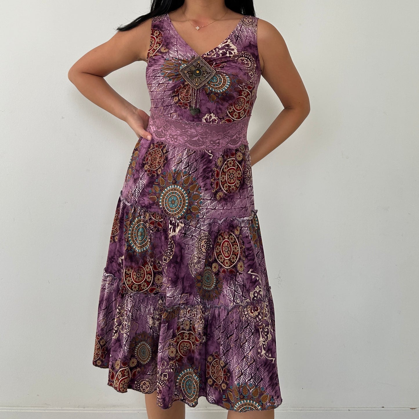 Purple Patterned Dress with Beaded Clasp - Small