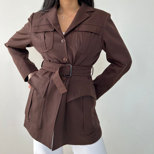 Vintage 1990s Plein Sud Brown Belted Utility Jacket - Small