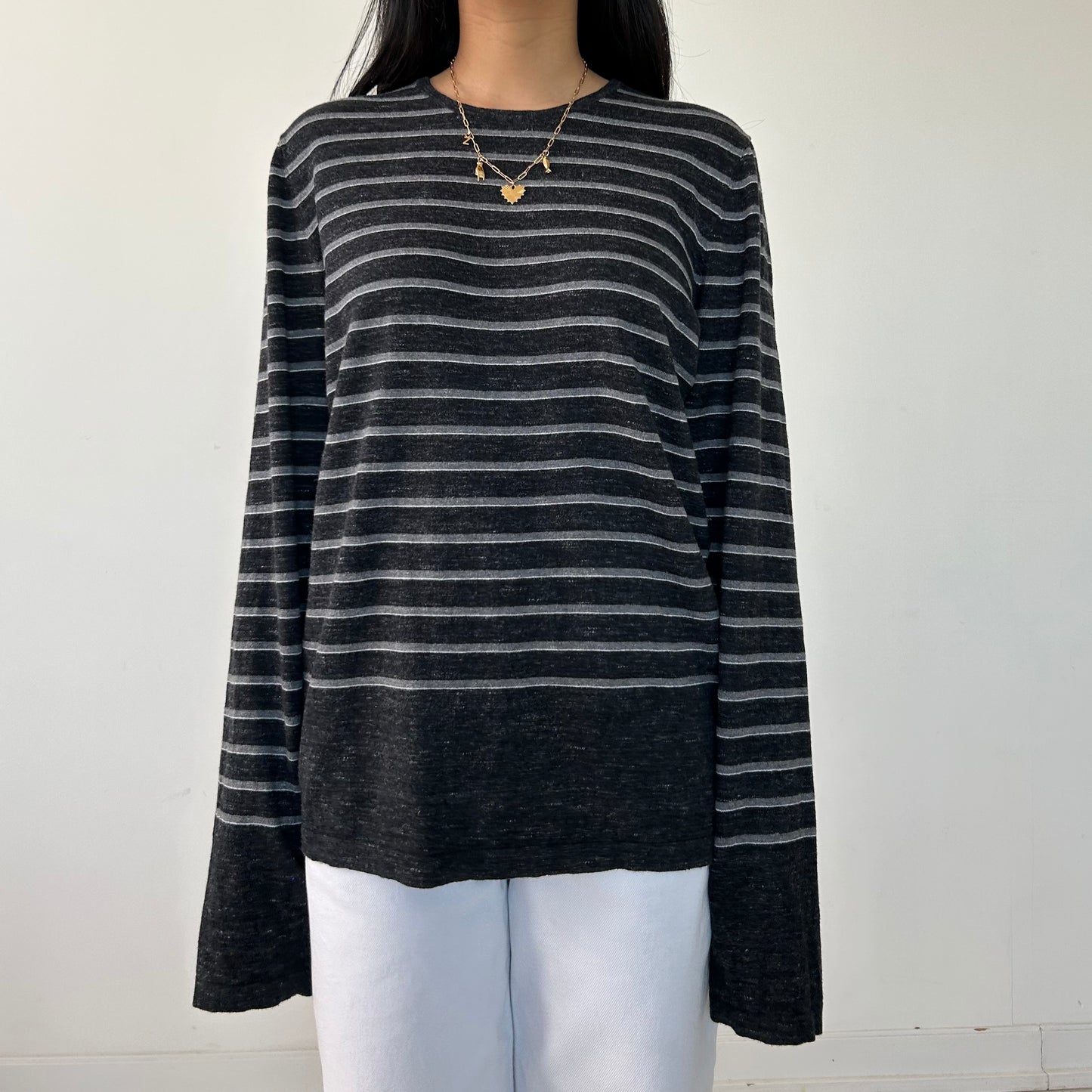 Vince Striped Cashmere Blend Long Sleeve Crewneck Top - Medium