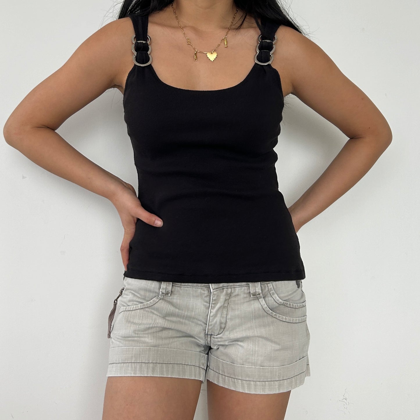 Black Ribbed Tank with Silver Ring Detail - Medium