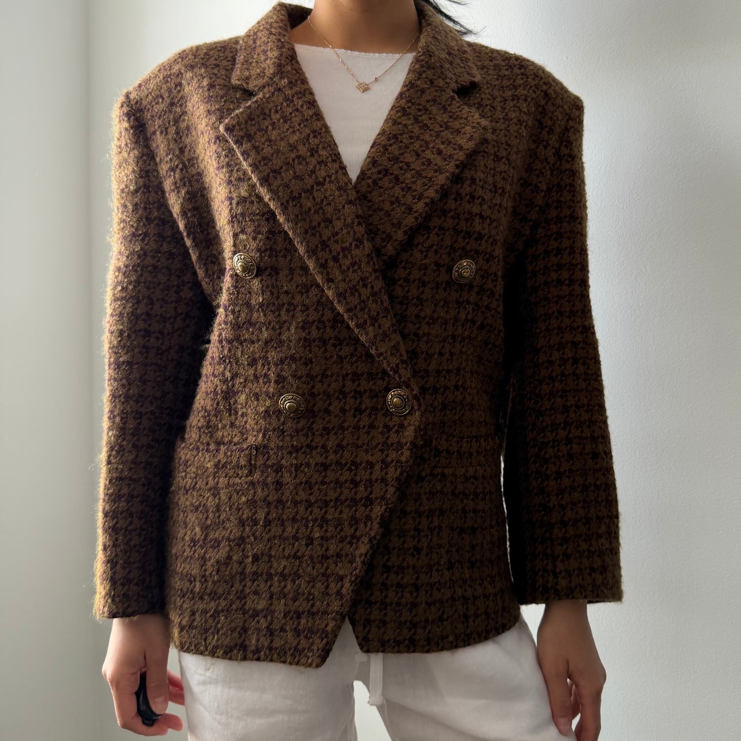 1990s Made in Canada Brown Houndstooth Wool and Mohair Blazer - Medium