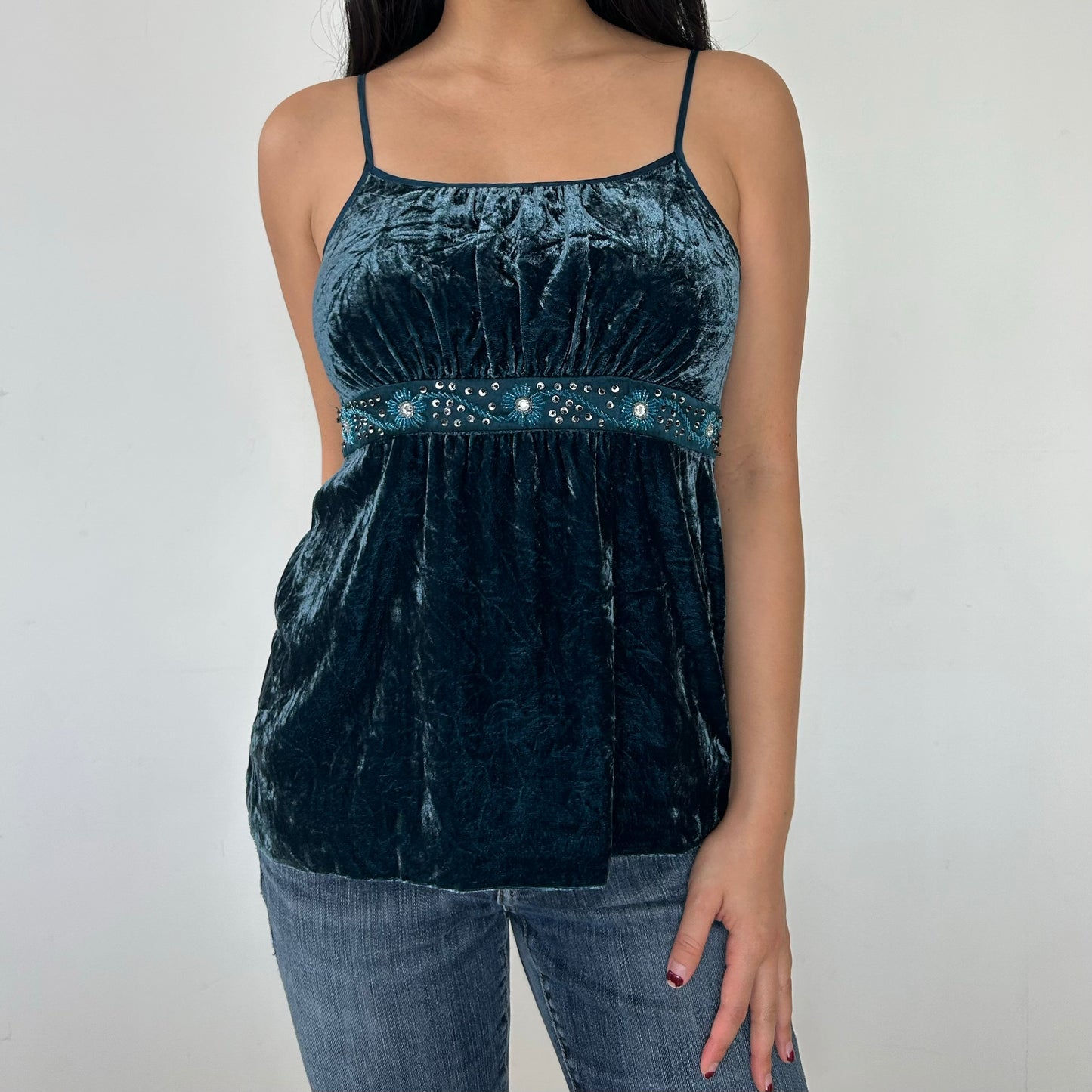 Teal Silk-Blend Velvet Tank with Beaded Embellishments - X-Small