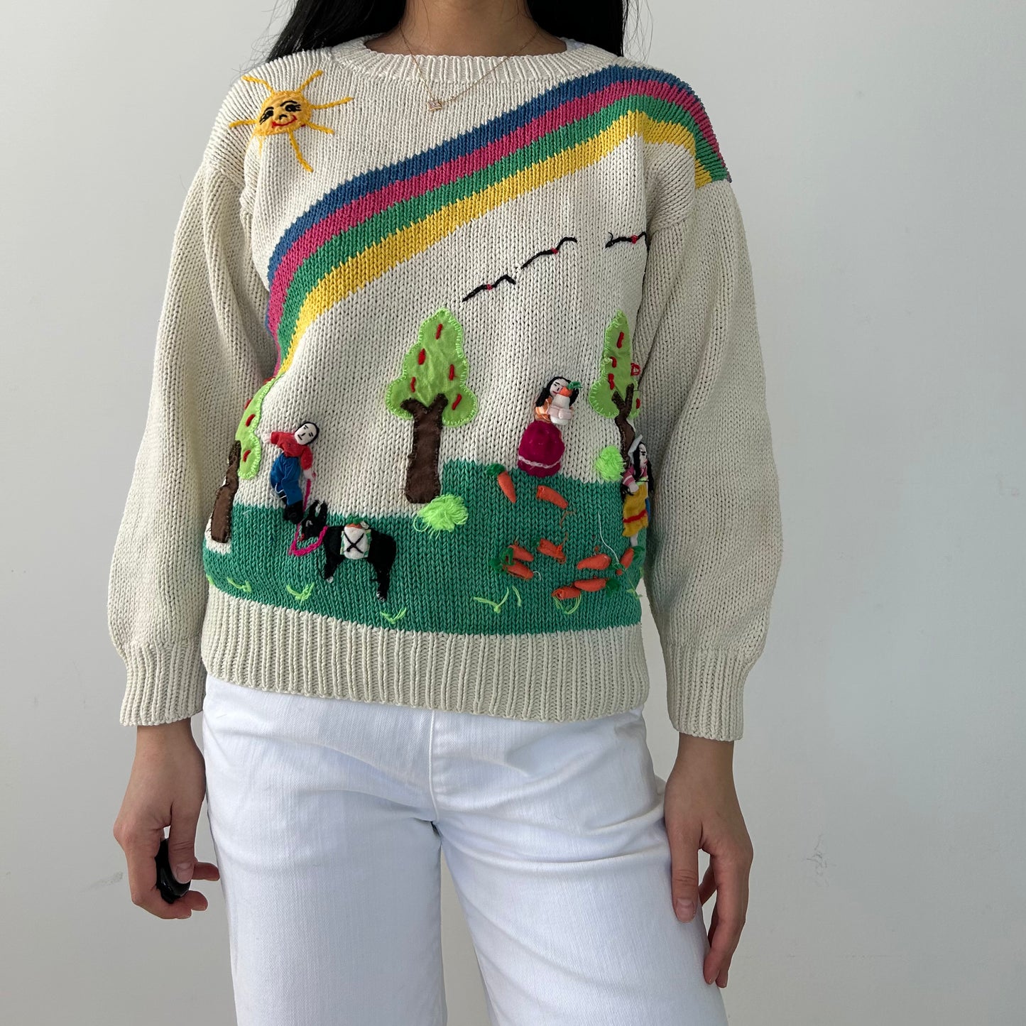 Vintage 1980s Cream Hand-Knit Peruvian Arpillera Folk Sweater - Medium