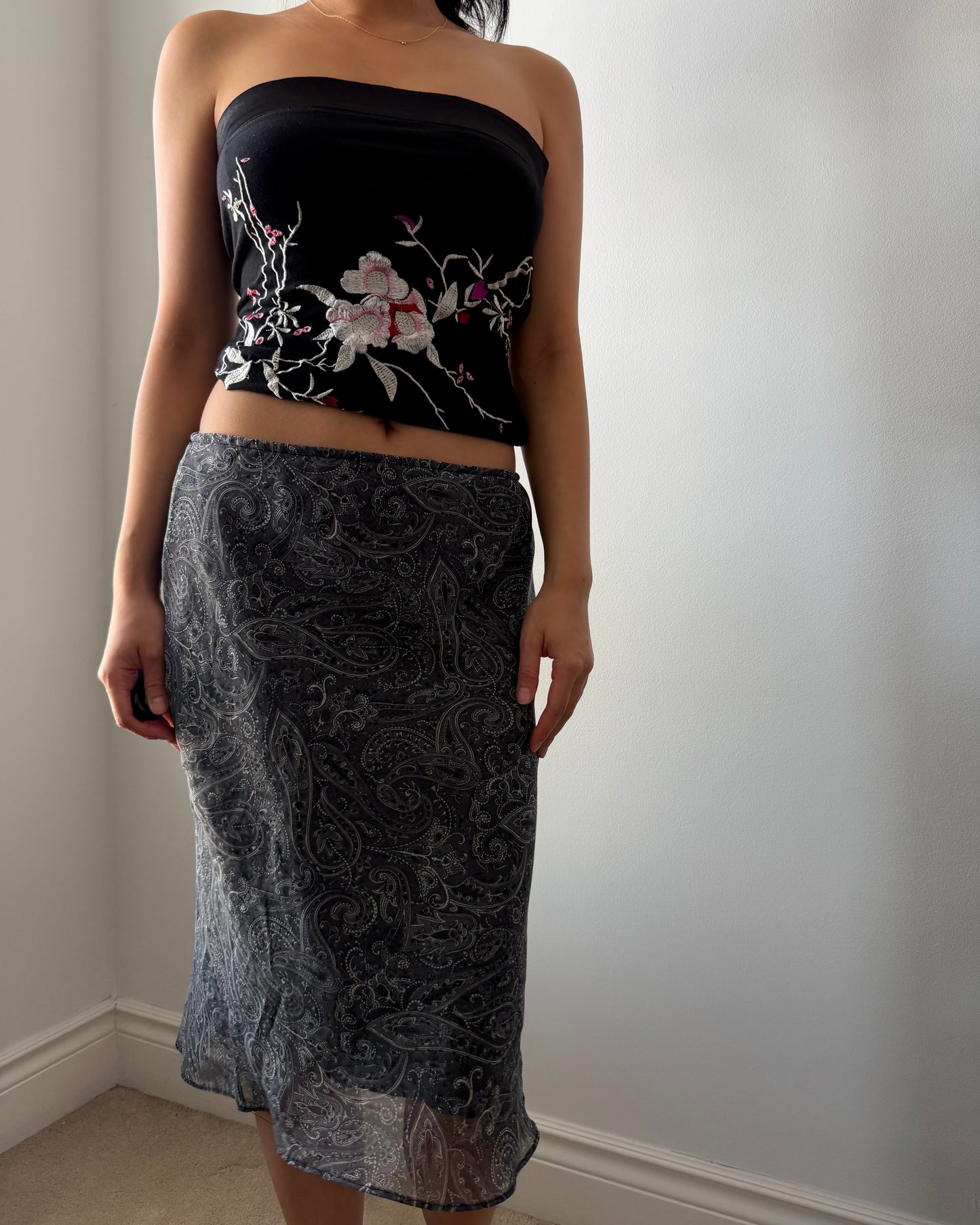 90s Made in Canada Black Paisley Slip Skirt - Medium