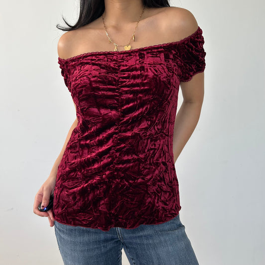 Vintage Made in Canada Deep Red Crushed Velvet Short-Sleeve Top - Large