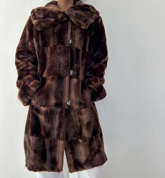 Chocolate Brown Faux Fur Patchwork Coat - Large