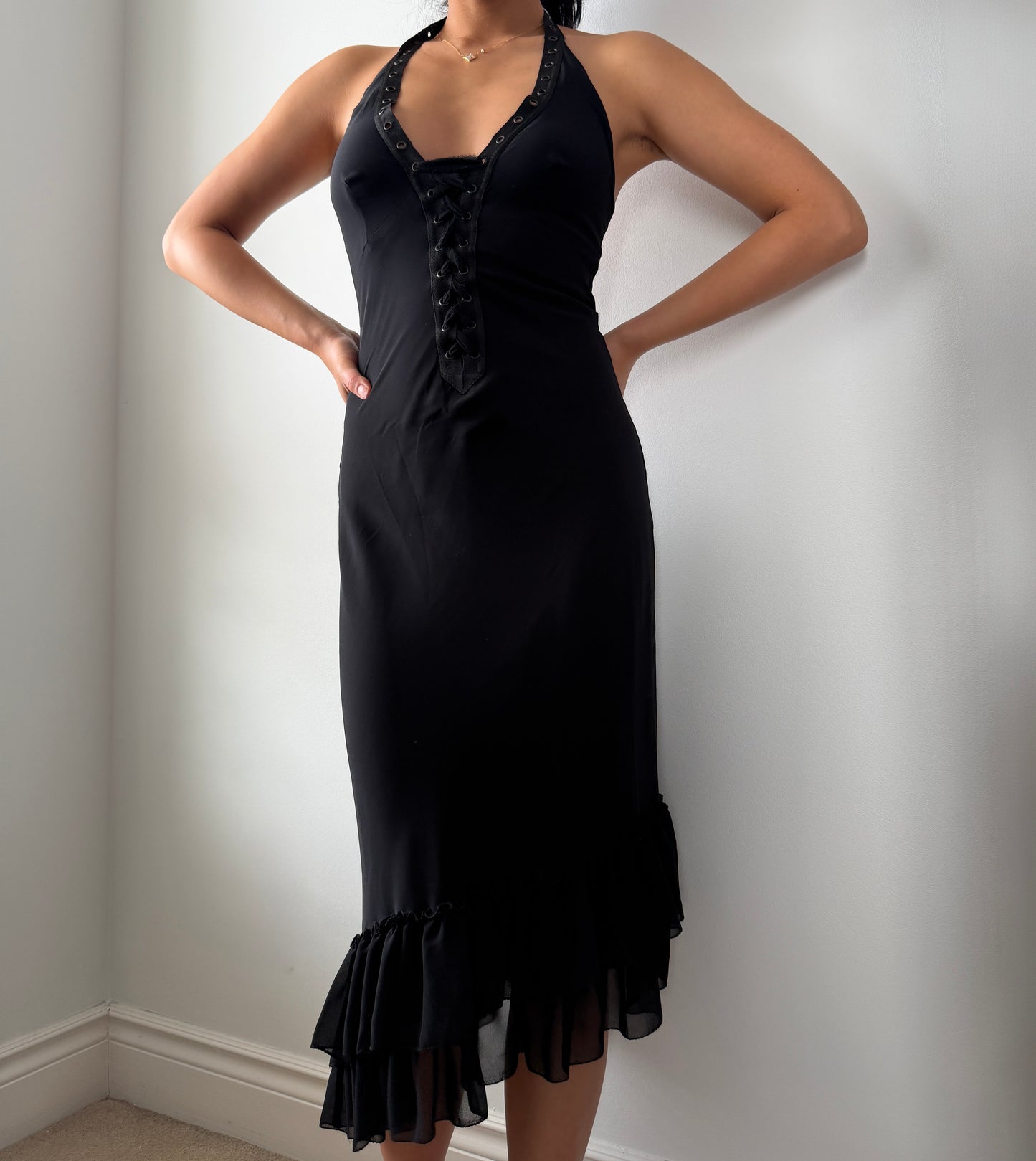 Old Label Mango Black Halter Midi Dress with Ruffled Hem - XX-Small